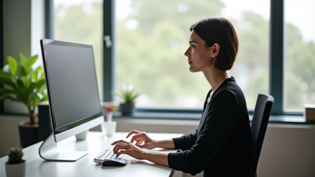 Ergonomisch bureau setup met monitor op ooghoogte, toetsenbord en muis correct gepositioneerd