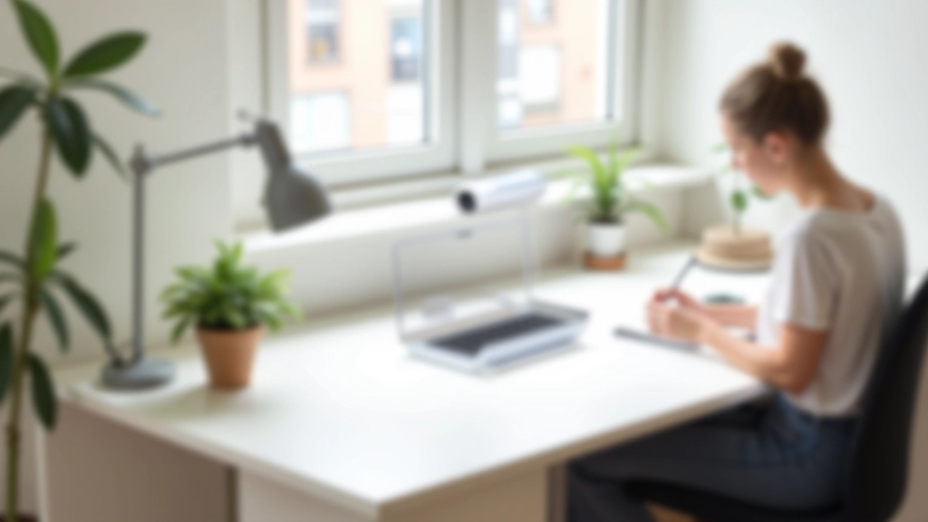 Minimalistische werkruimte zonder rommel met plant, lamp en enkele essentiële items