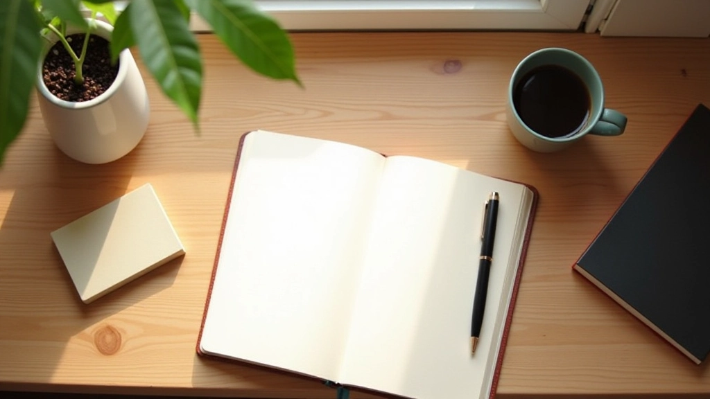 Schone, minimale werkplek met notitieboek, pen en kopje koffie, geen technologie zichtbaar
