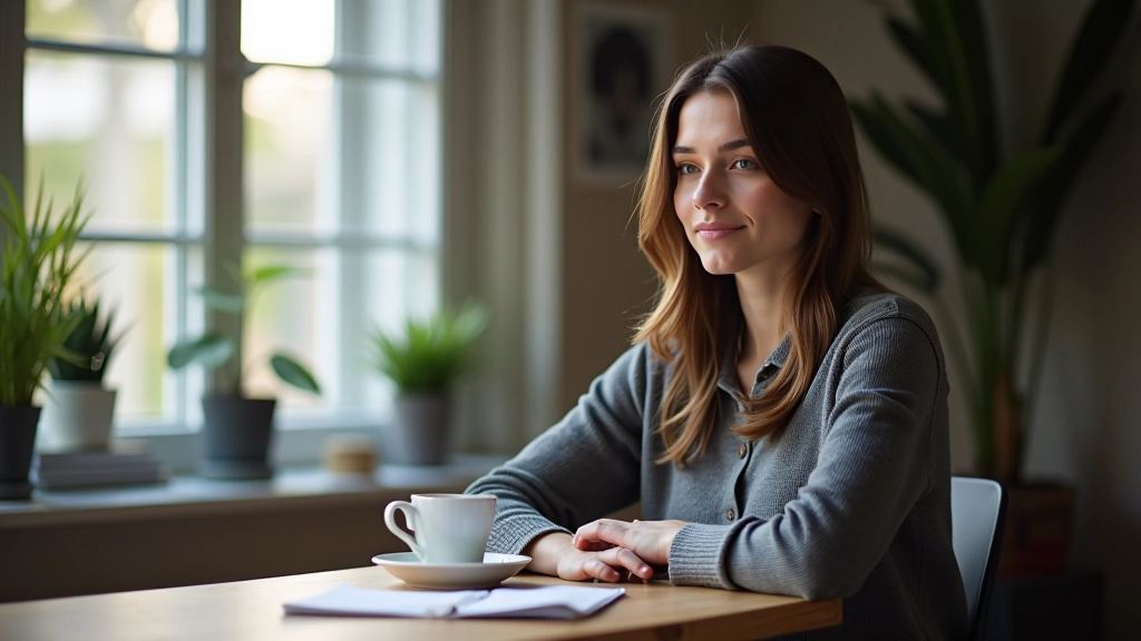 Persoon zit kalm aan bureau met kopje thee, met serene uitdrukking en open posture