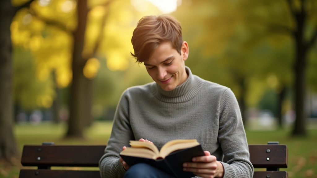 Persoon zit buiten op een bankje en leest een papieren boek in de zon, natuurlijke groene achtergrond